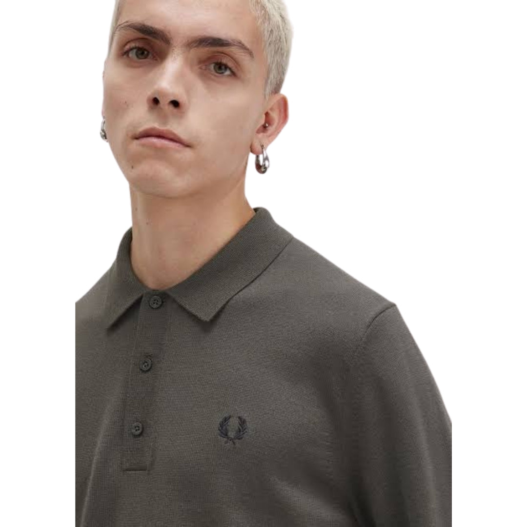 Fred Perry Plain Field Green Long Sleeve Knitted Polo S