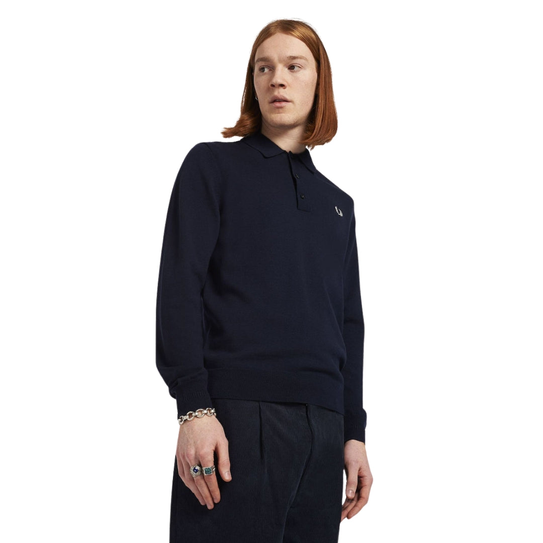Fred Perry Classic Knitted Long Sleeve Navy Polo Shirt XS