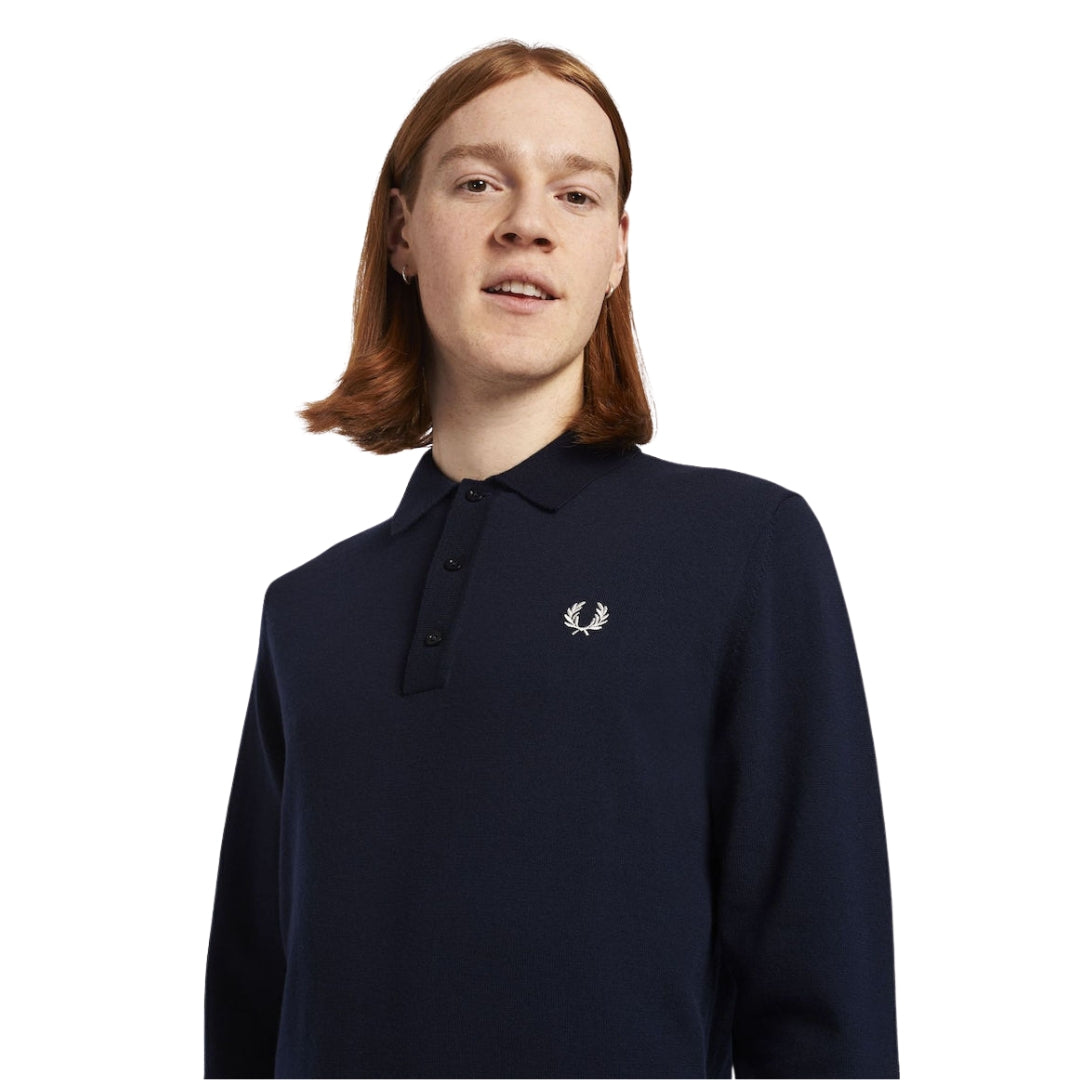 Fred Perry Classic Knitted Long Sleeve Navy Polo Shirt XS