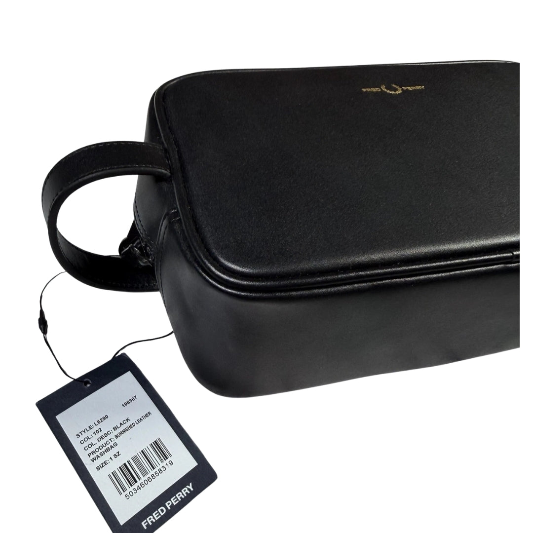 Fred Perry Black Burnished Leather Wash Bag 1SZ