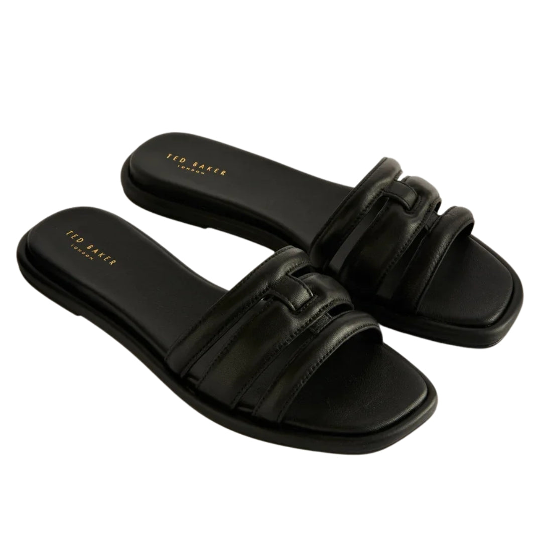 Ted Baker Leeiaa Flat Woven T Logo Black Slide Sandals