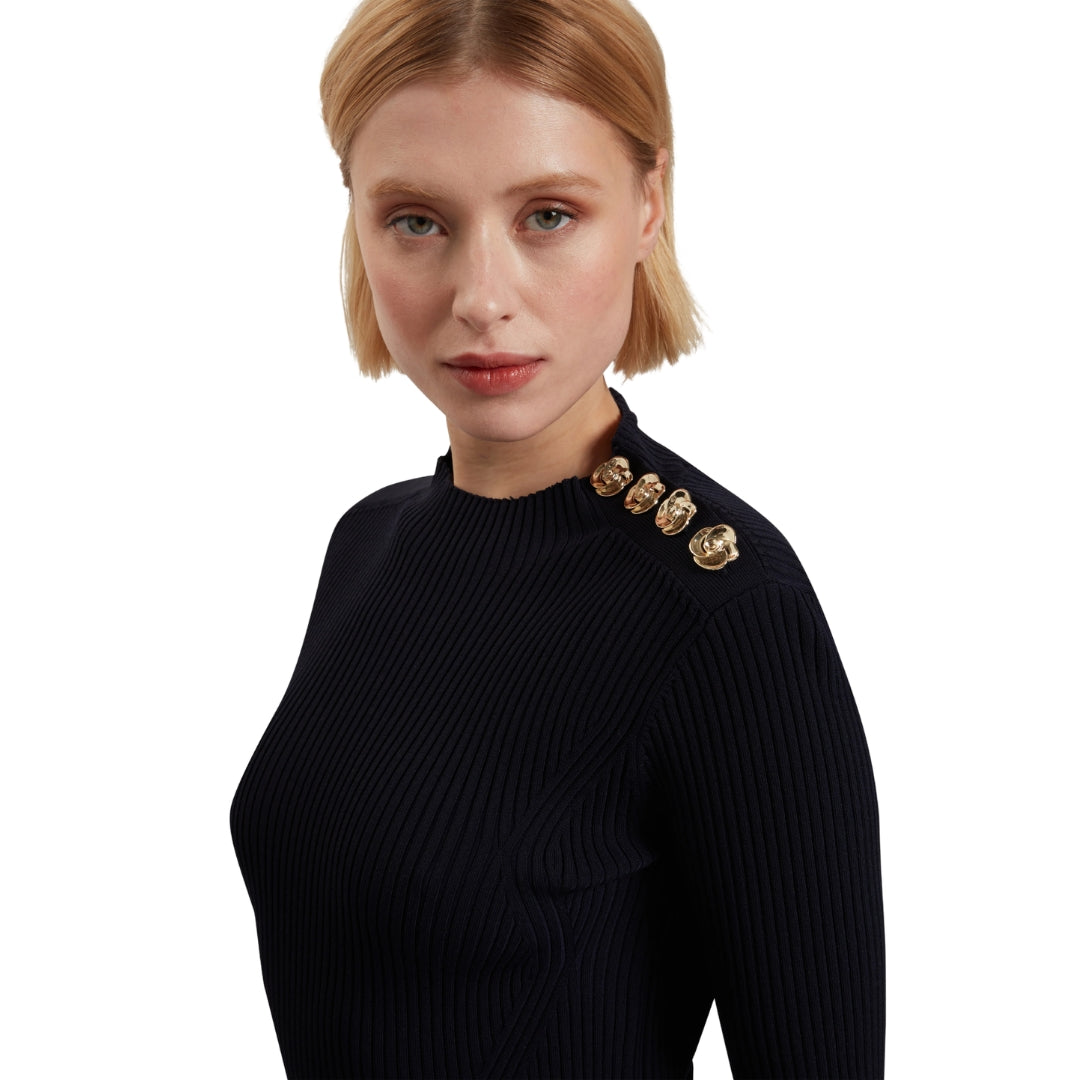 Ted Baker Lilano Ribbed Knit Button Detail Navy Dress