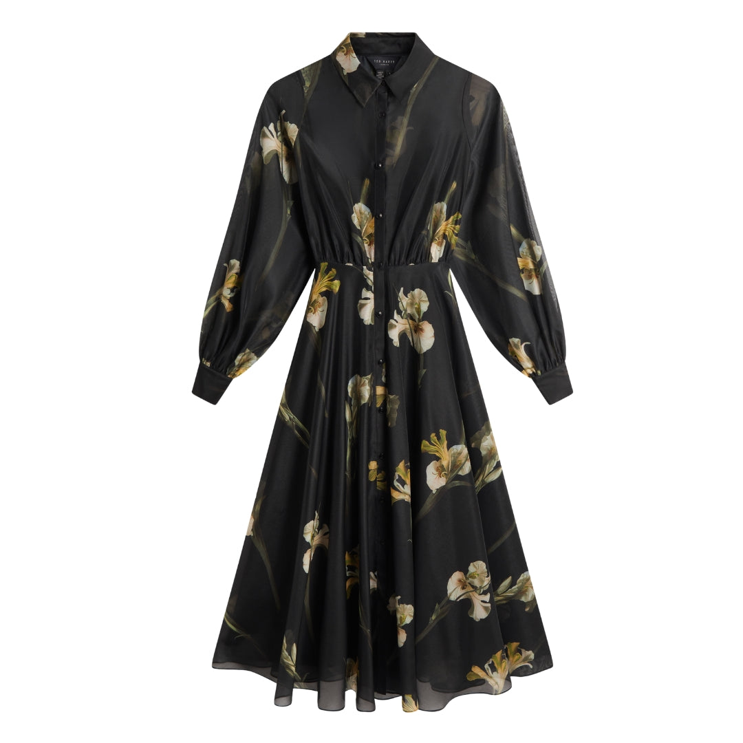 Ted Baker Liorra Printed Organza Belted Black Midi Dress