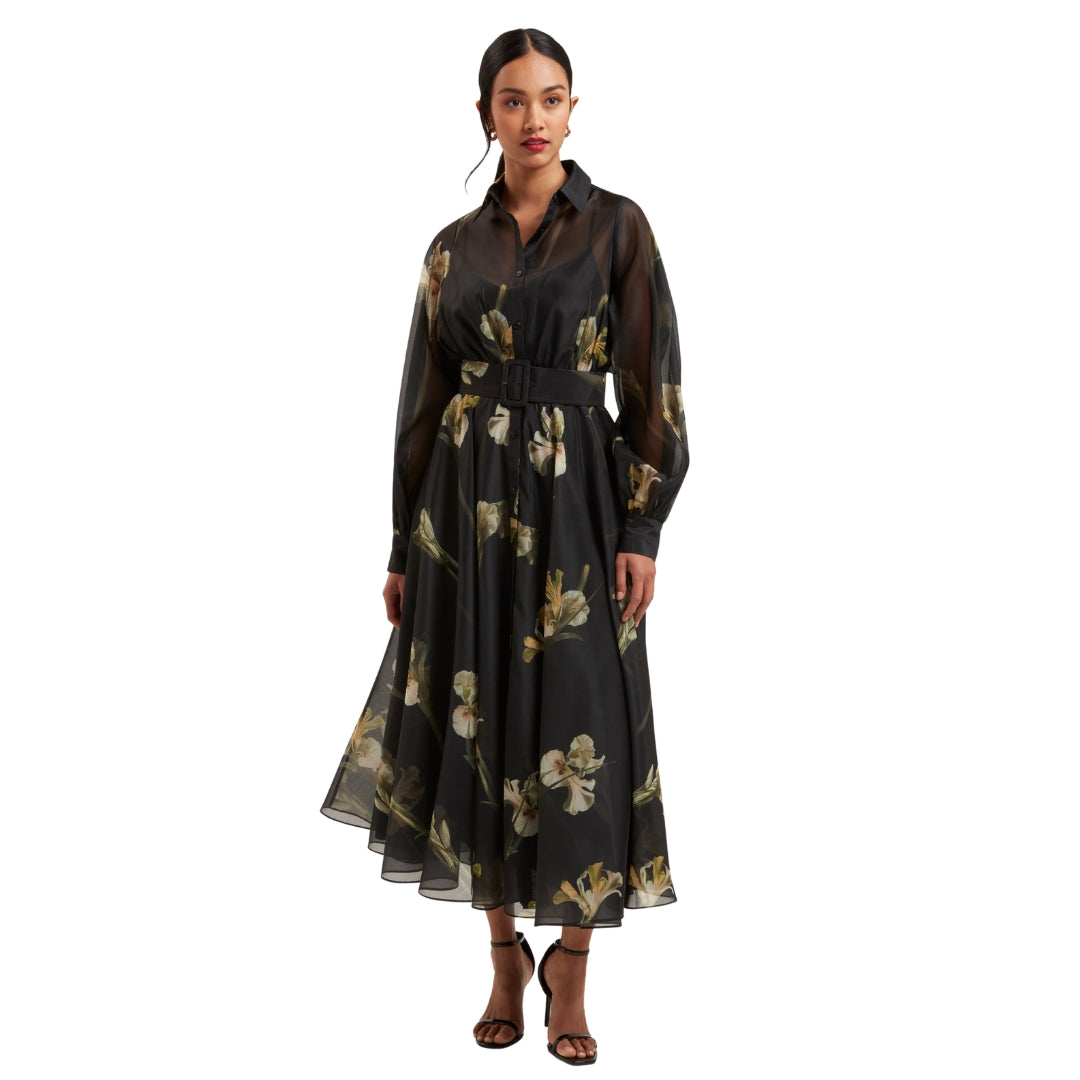 Ted Baker Liorra Printed Organza Belted Black Midi Dress