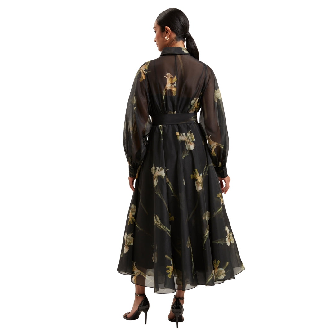Ted Baker Liorra Printed Organza Belted Black Midi Dress