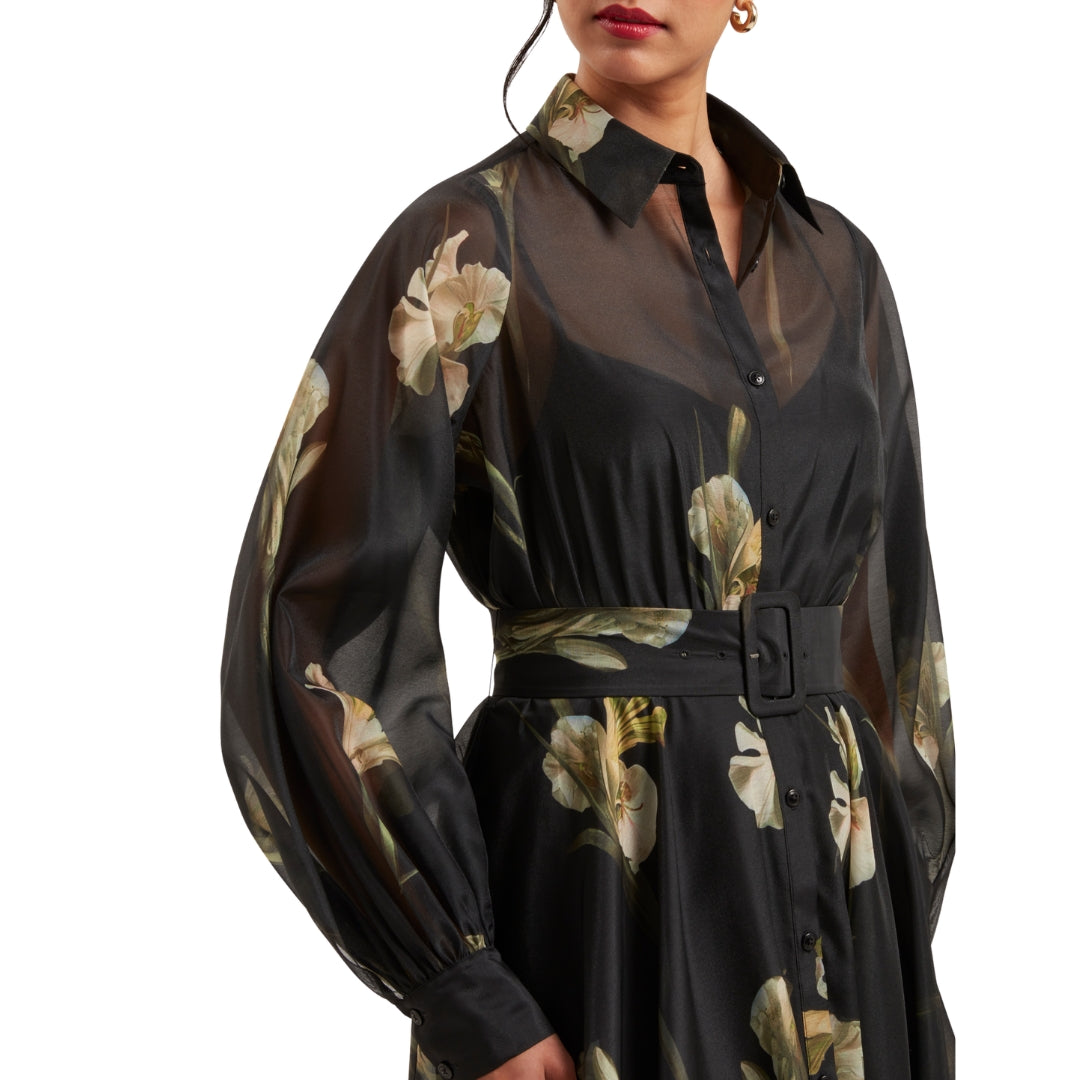 Ted Baker Liorra Printed Organza Belted Black Midi Dress