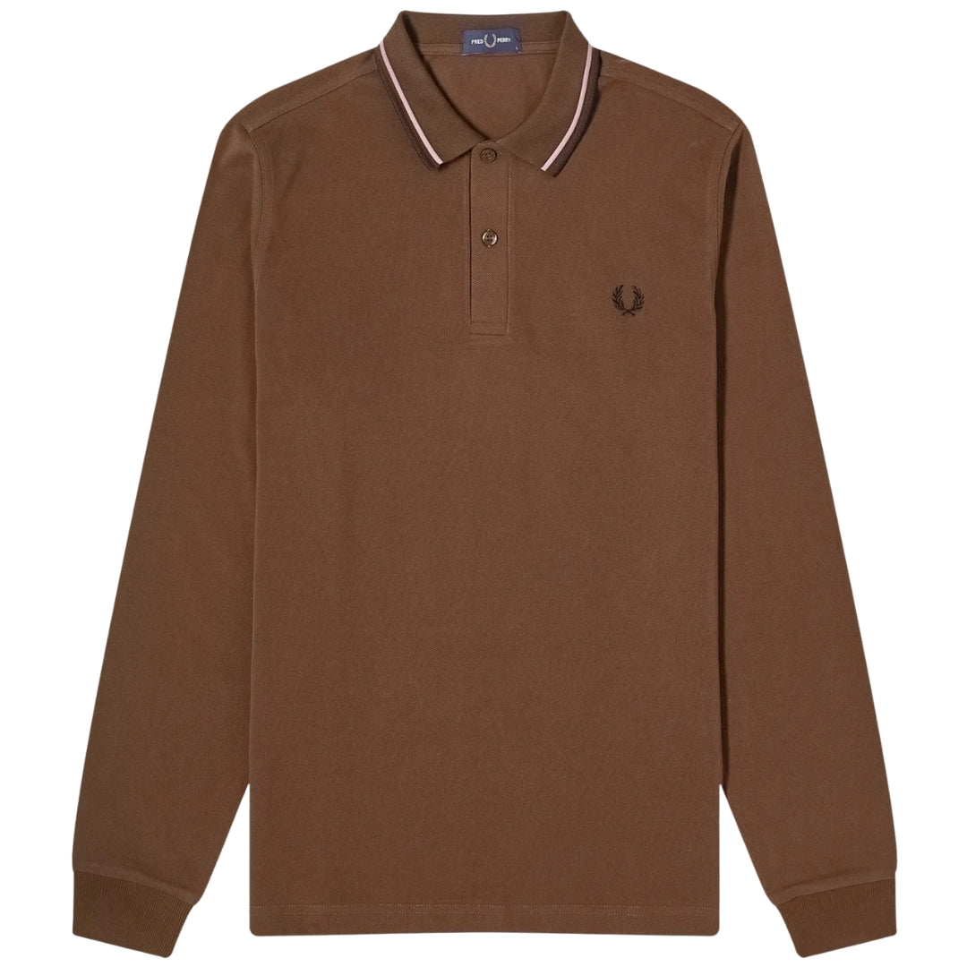 Fred Perry Black Twin Tipped Collar Burnt Tobacco Long Sleeve Polo Shirt XS