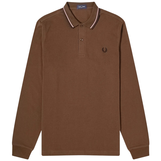 Fred Perry Black Twin Tipped Collar Burnt Tobacco Long Sleeve Polo Shirt XS