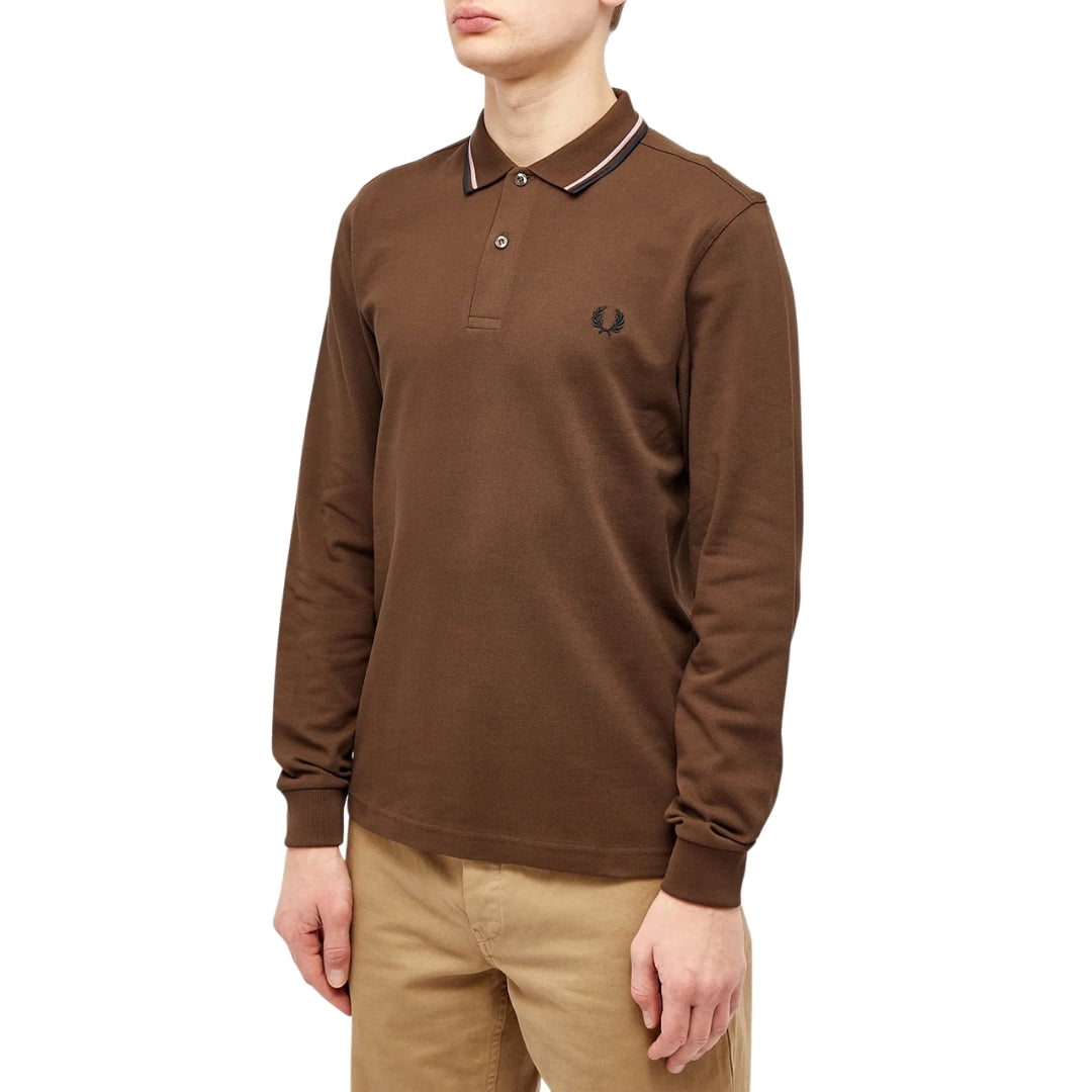 Fred Perry Black Twin Tipped Collar Burnt Tobacco Long Sleeve Polo Shirt XS