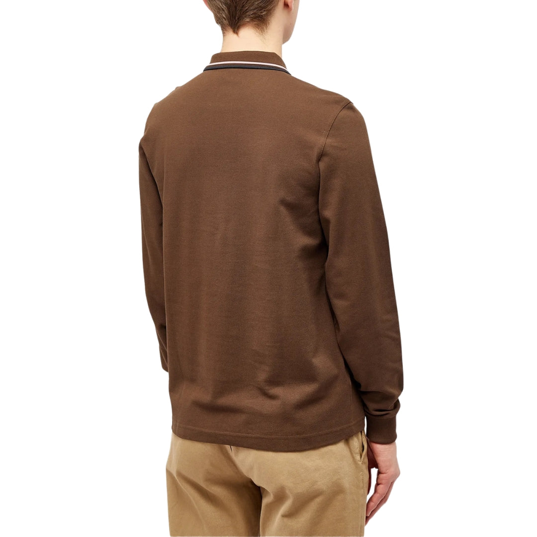 Fred Perry Black Twin Tipped Collar Burnt Tobacco Long Sleeve Polo Shirt XS