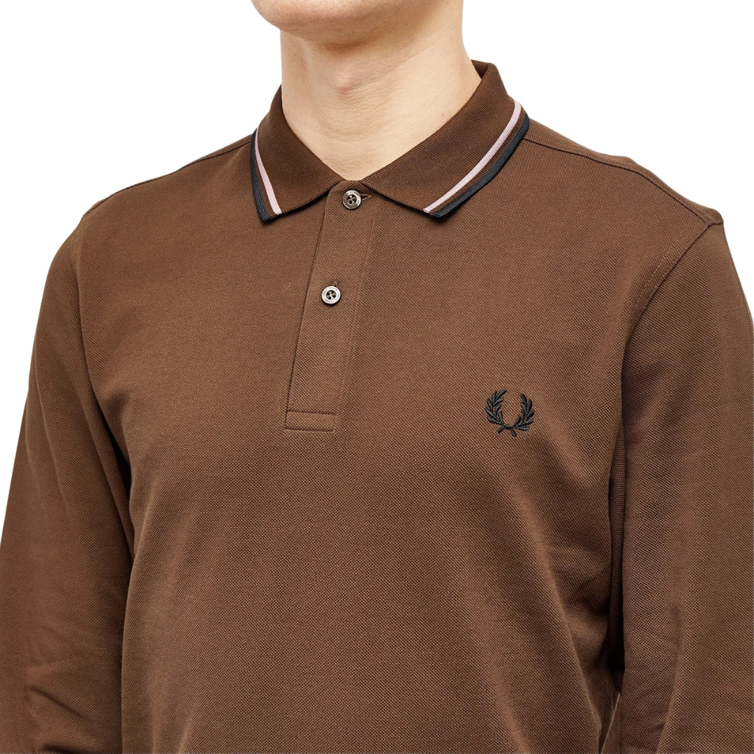Fred Perry Black Twin Tipped Collar Burnt Tobacco Long Sleeve Polo Shirt XS