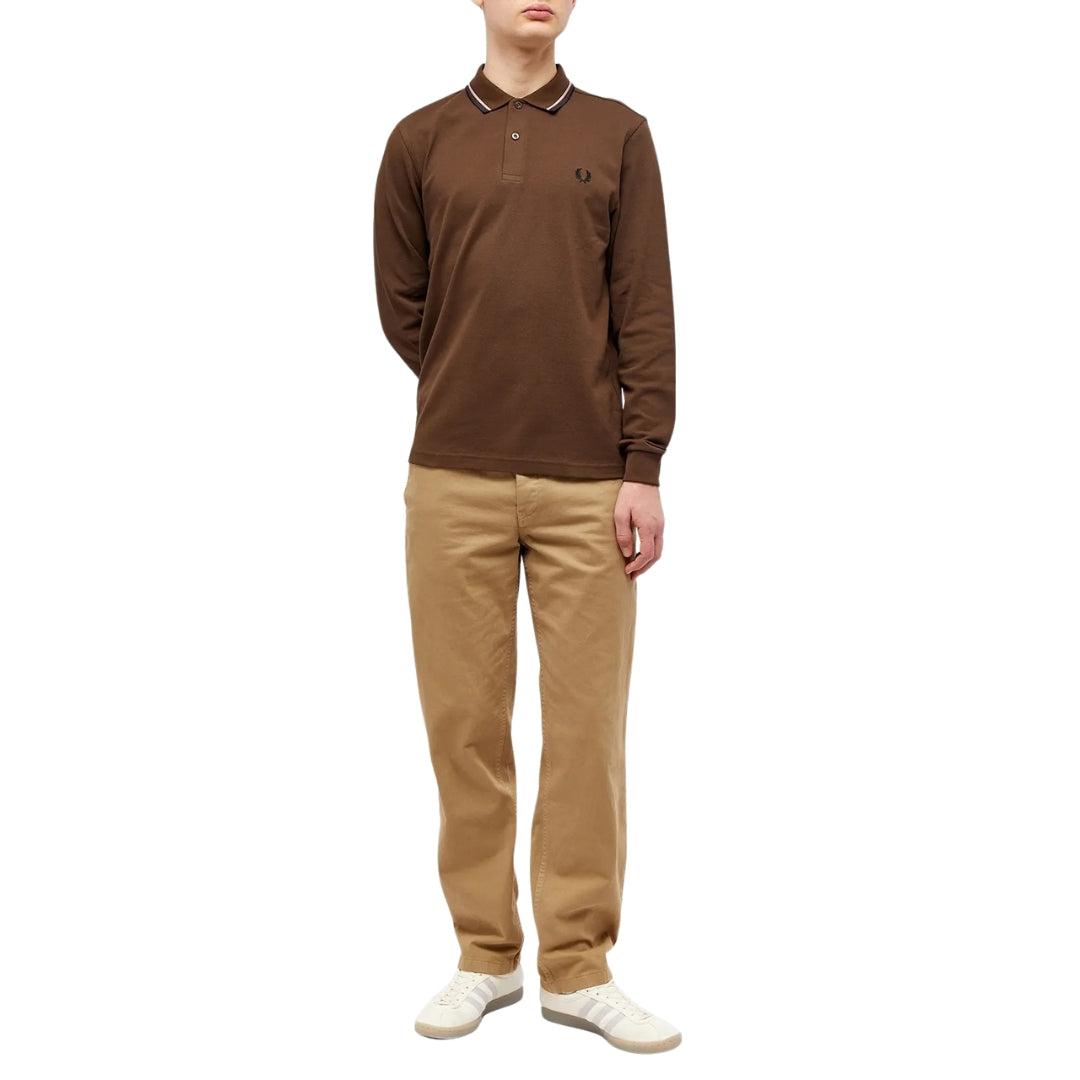 Fred Perry Black Twin Tipped Collar Burnt Tobacco Long Sleeve Polo Shirt XS