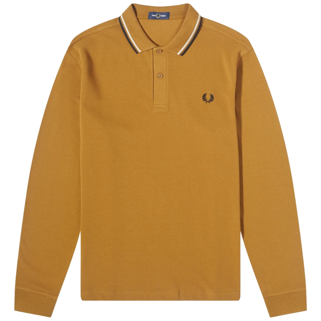 Fred Perry Black Twin Tipped Collar Dark Caramel Long Sleeve Polo Shirt XS
