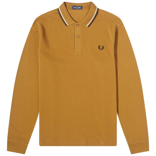 Fred Perry Black Twin Tipped Collar Dark Caramel Long Sleeve Polo Shirt XS