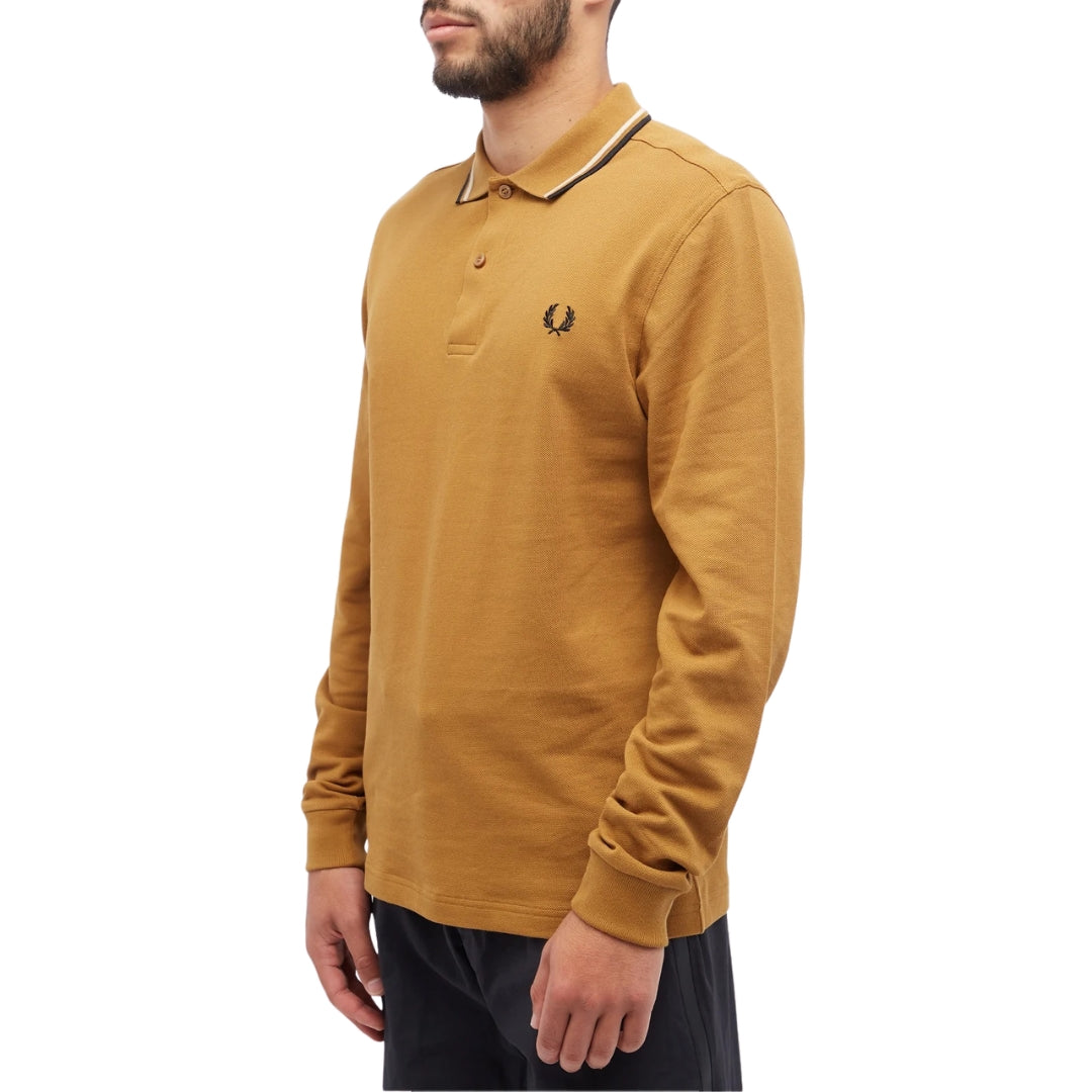 Fred Perry Black Twin Tipped Collar Dark Caramel Long Sleeve Polo Shirt XS