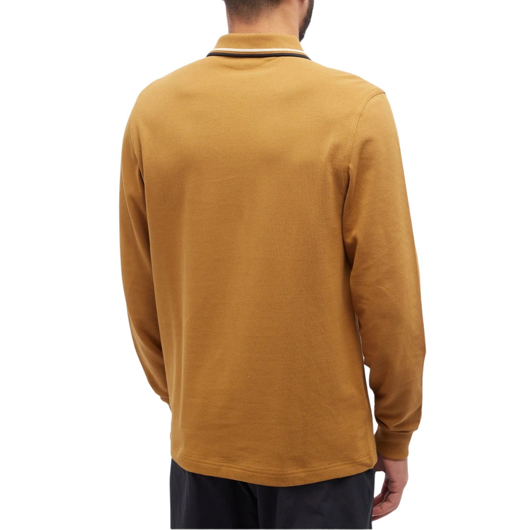 Fred Perry Black Twin Tipped Collar Dark Caramel Long Sleeve Polo Shirt XS