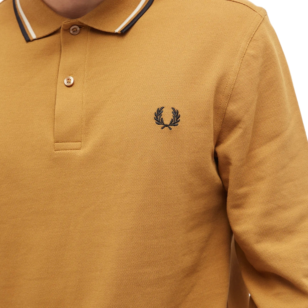 Fred Perry Black Twin Tipped Collar Dark Caramel Long Sleeve Polo Shirt XS