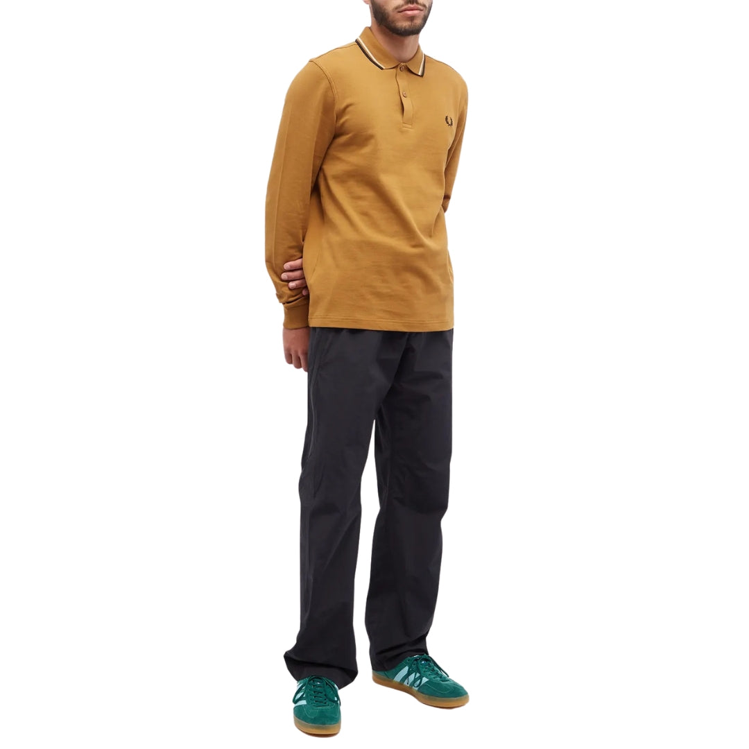 Fred Perry Black Twin Tipped Collar Dark Caramel Long Sleeve Polo Shirt XS