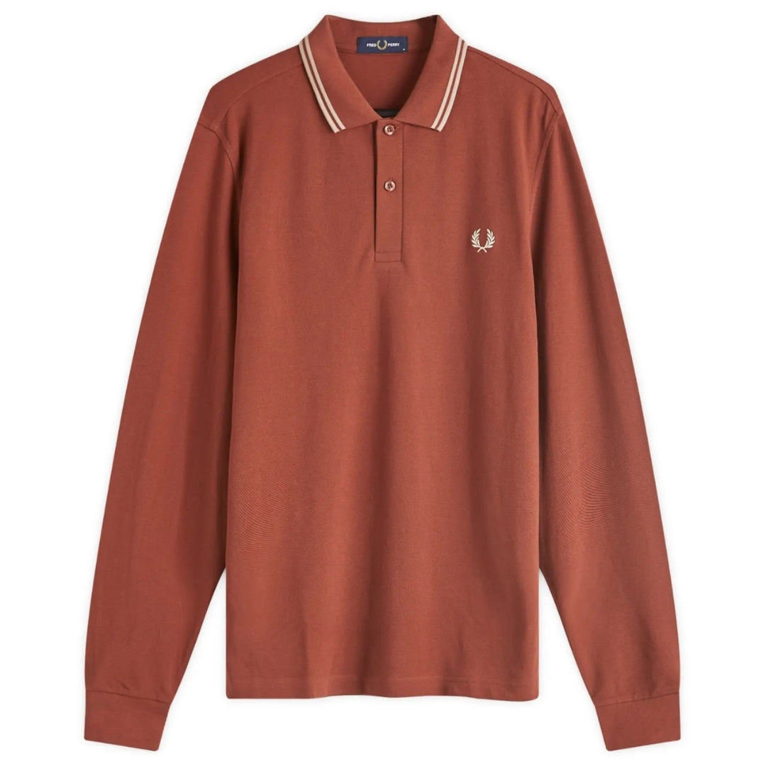 Fred Perry Black Twin Tipped Collar Whisky Brown Long Sleeve Polo Shirt XS
