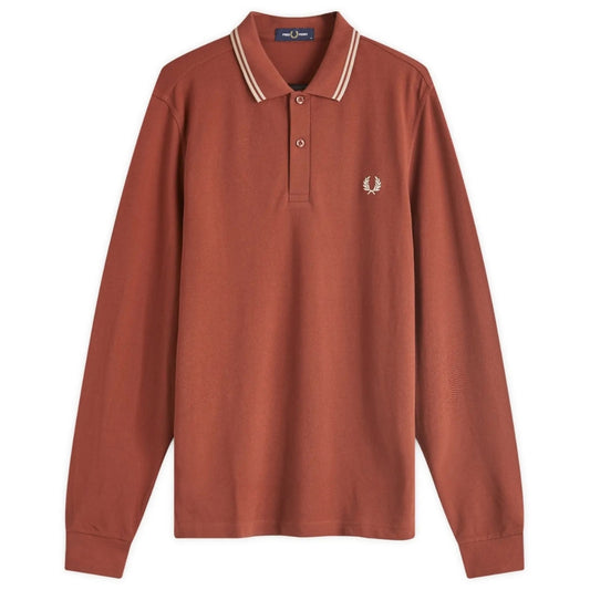 Fred Perry Black Twin Tipped Collar Whisky Brown Long Sleeve Polo Shirt XS