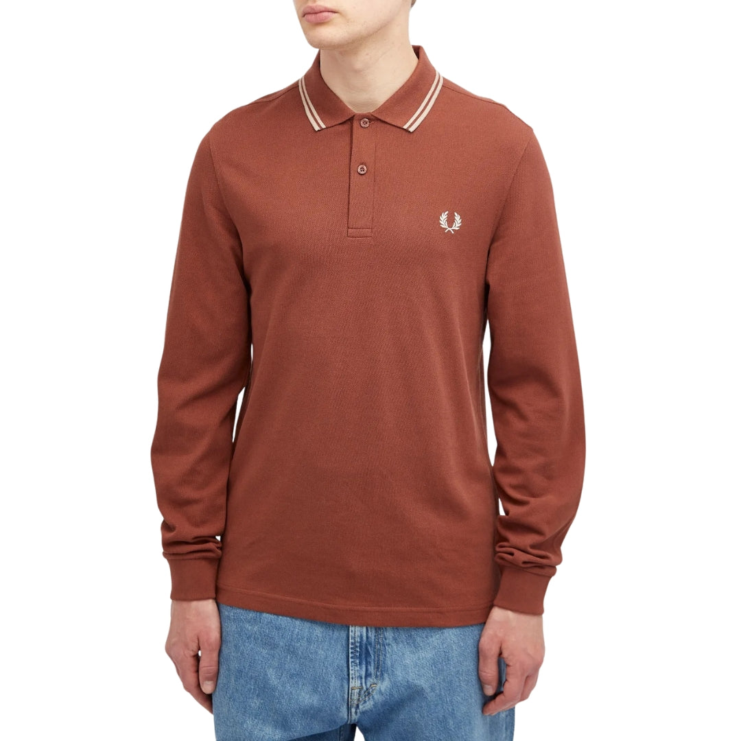 Fred Perry Black Twin Tipped Collar Whisky Brown Long Sleeve Polo Shirt XS