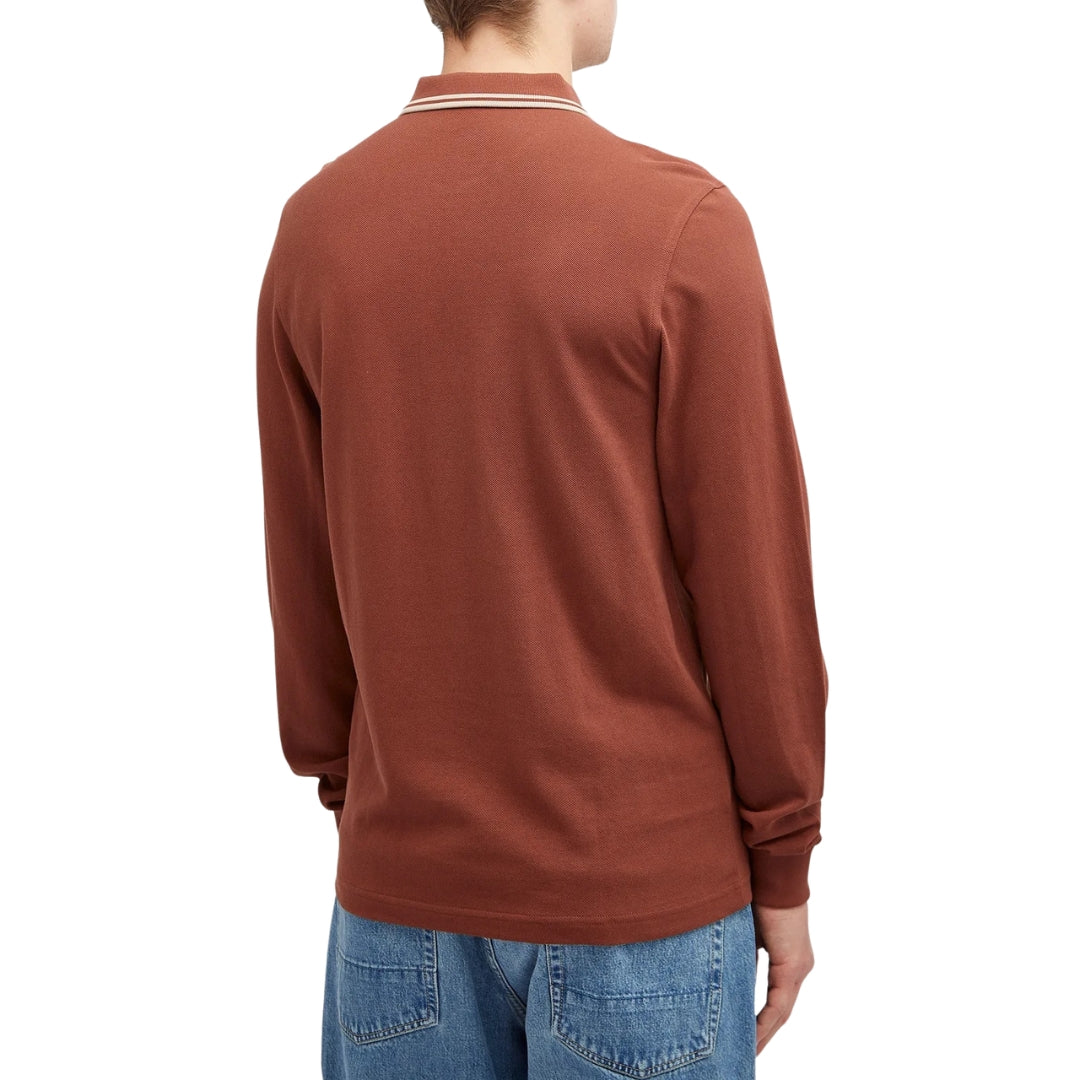 Fred Perry Black Twin Tipped Collar Whisky Brown Long Sleeve Polo Shirt XS