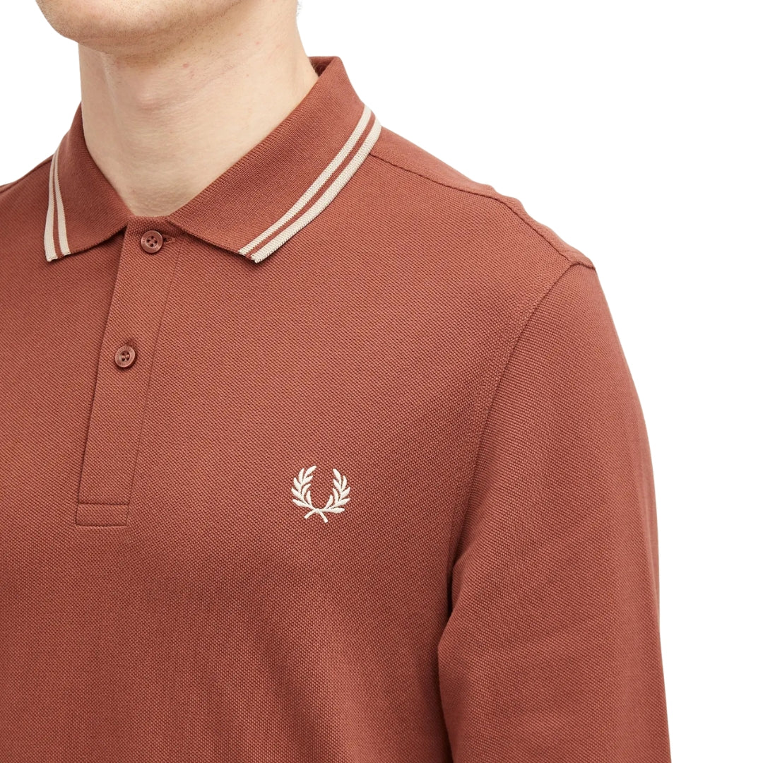 Fred Perry Black Twin Tipped Collar Whisky Brown Long Sleeve Polo Shirt XS