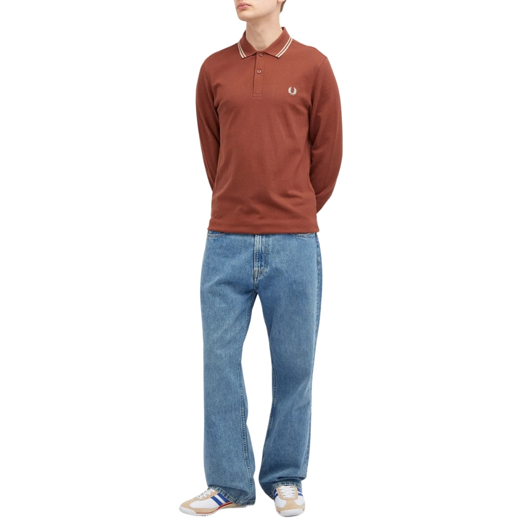 Fred Perry Black Twin Tipped Collar Whisky Brown Long Sleeve Polo Shirt XS