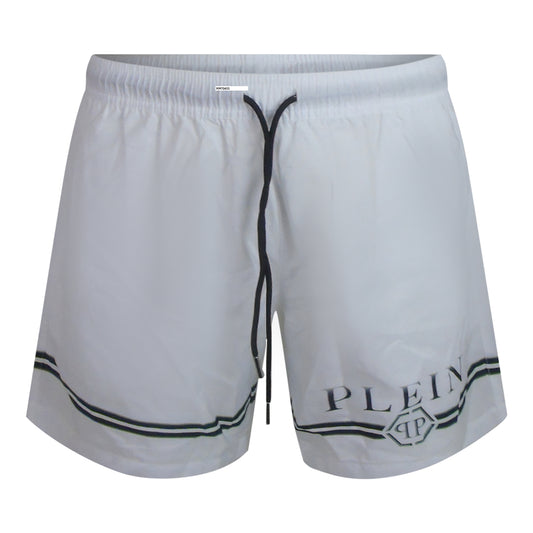 Philipp Plein Striped Logo Medium Boardshort White Swim Shorts L