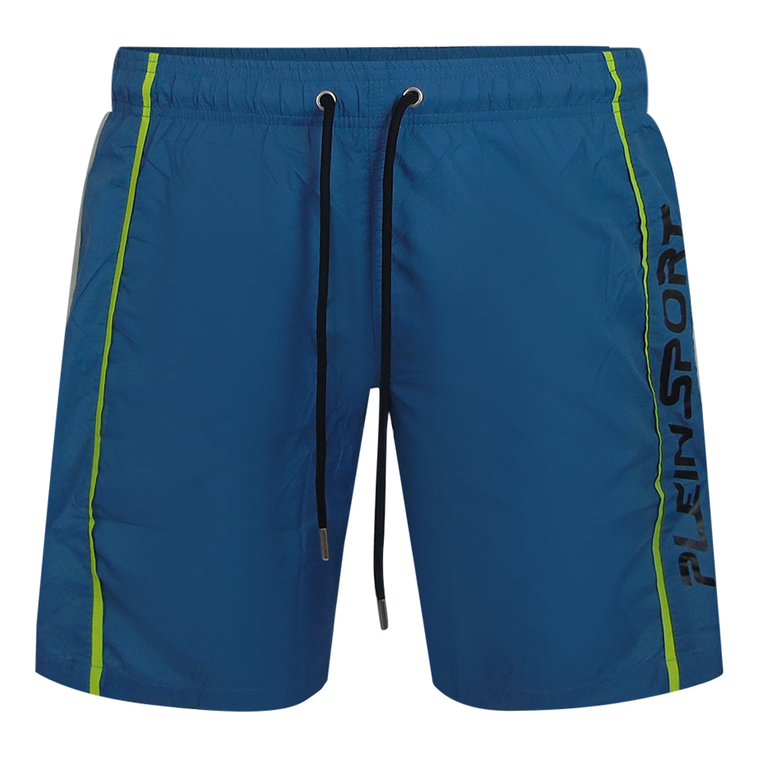 Plein Sport Vertical Logo Long Boardshort Light Blue Swim Shorts