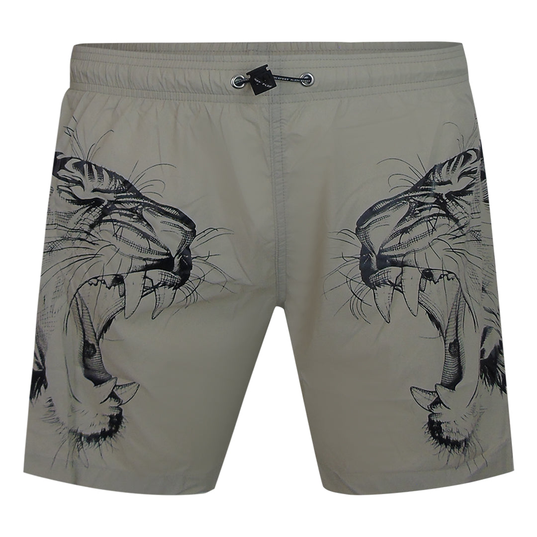 Plein Sport Double Tiger Logo Beige Swim Shorts