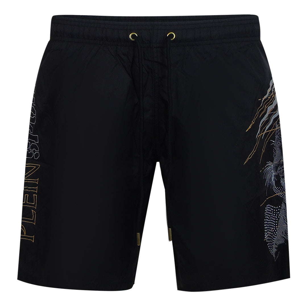 Plein Sport Golden Tiger Long Black Swim Shorts