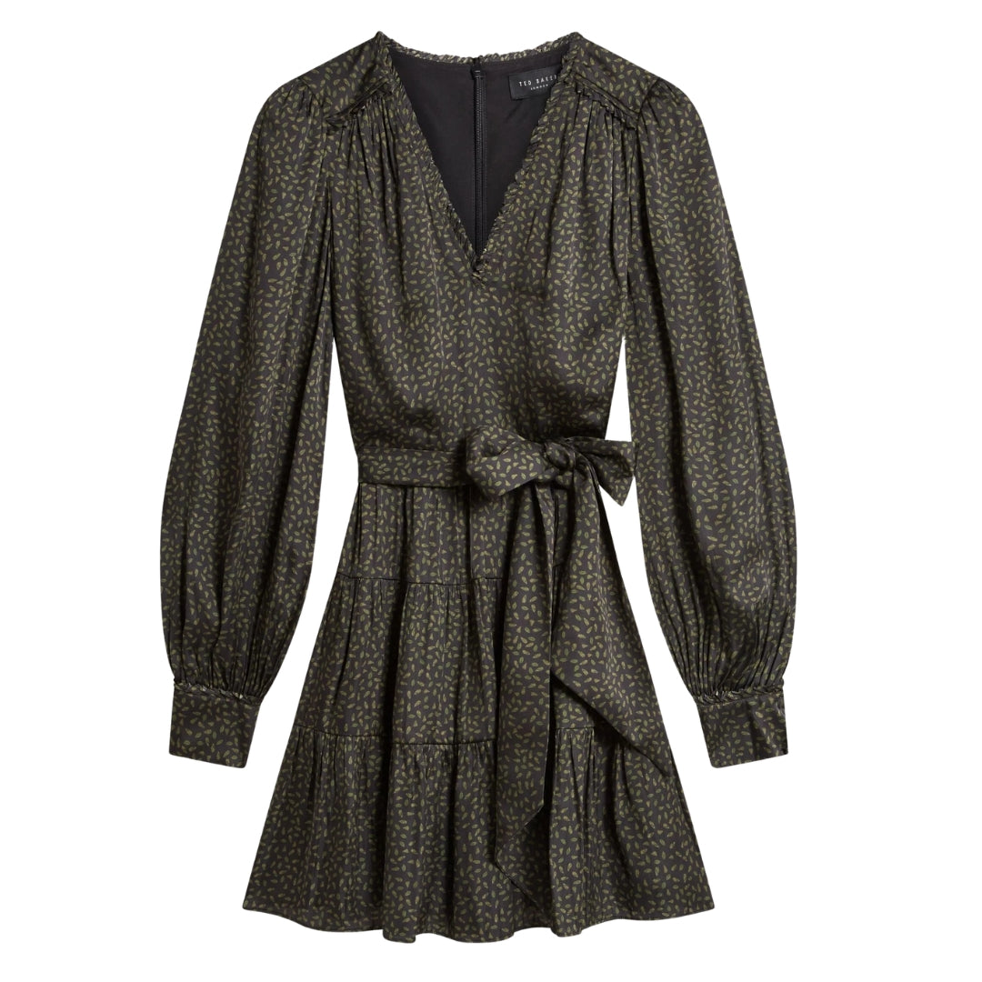 Ted Baker Phoeba Printed Tiered Belted Black Mini Dress