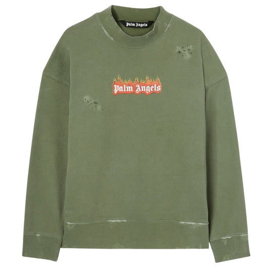 Palm Angels Burning Logo Crewneck Military