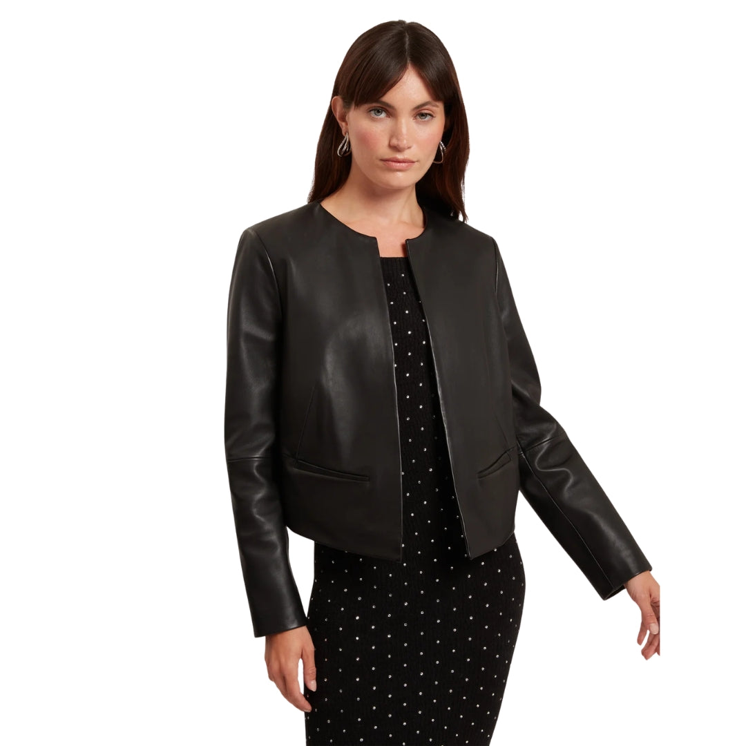 Ted Baker Quentia Cropped Collarless Black Leather Jacket
