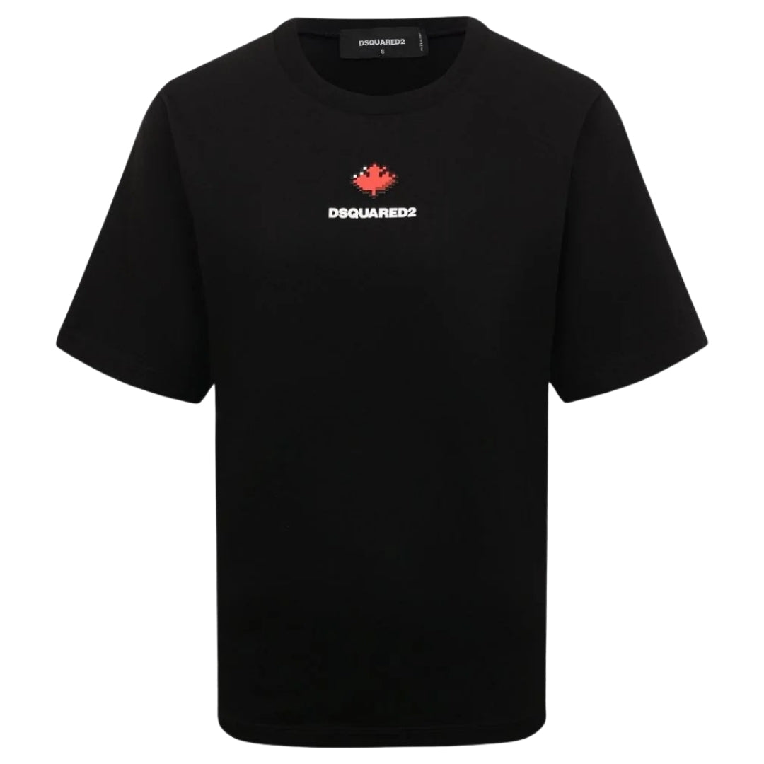 DSQUARED2 Pixel Leaf Logo Print Crew Neck Black  T-Shirt XXS