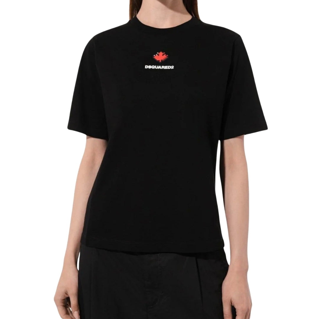 DSQUARED2 Pixel Leaf Logo Print Crew Neck Black  T-Shirt XXS