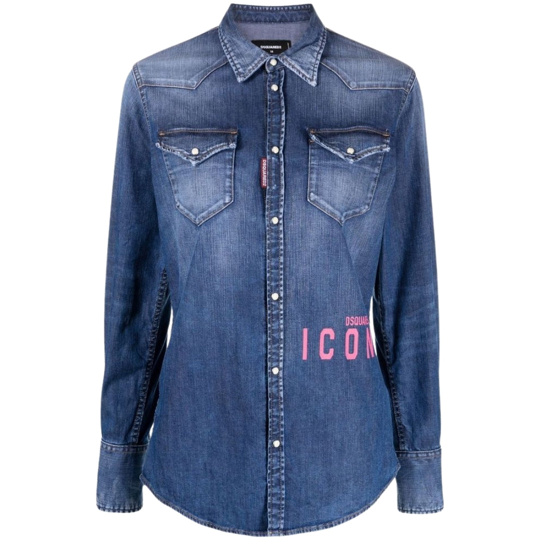 DSQUARED2 Icon Print Western Denim Blue Shirt 36