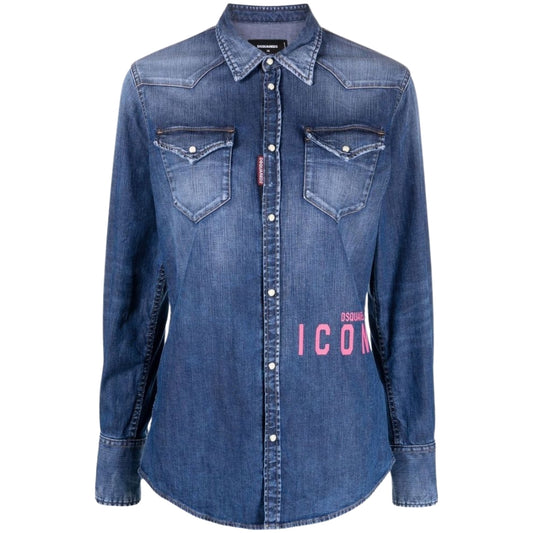 DSQUARED2 Icon Print Western Denim Blue Shirt 36