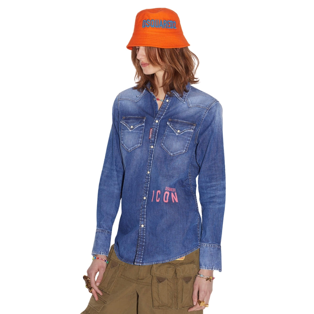 DSQUARED2 Icon Print Western Denim Blue Shirt 36