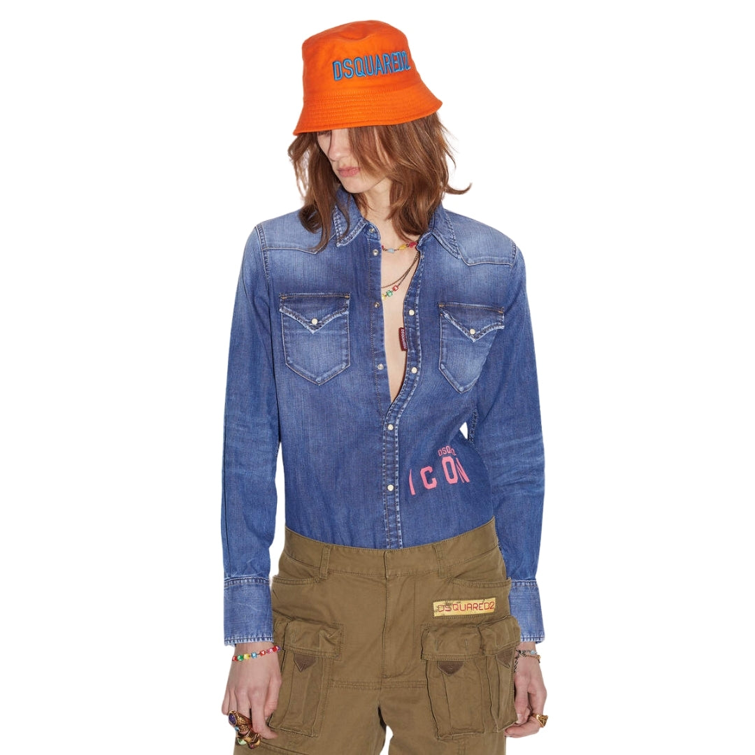 DSQUARED2 Icon Print Western Denim Blue Shirt 36