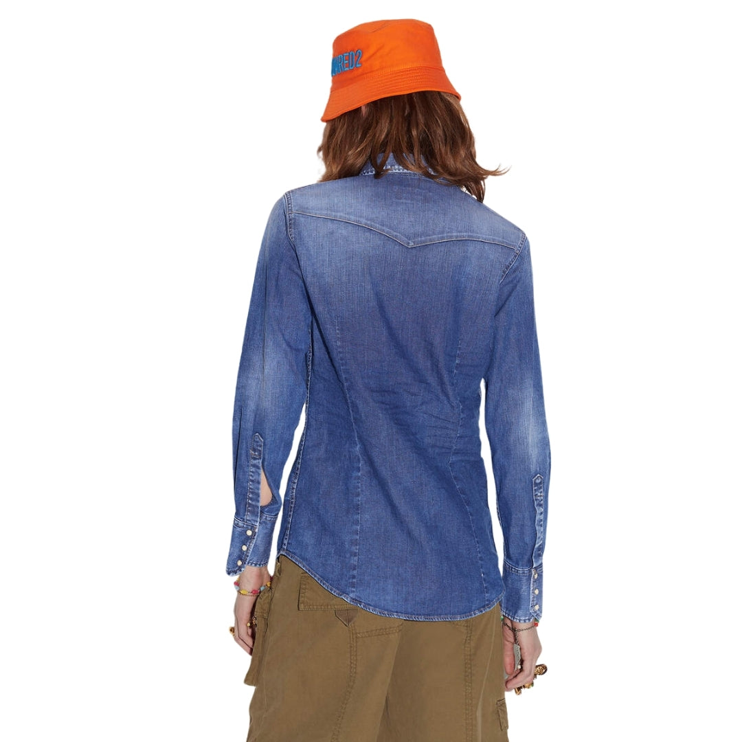 DSQUARED2 Icon Print Western Denim Blue Shirt 36