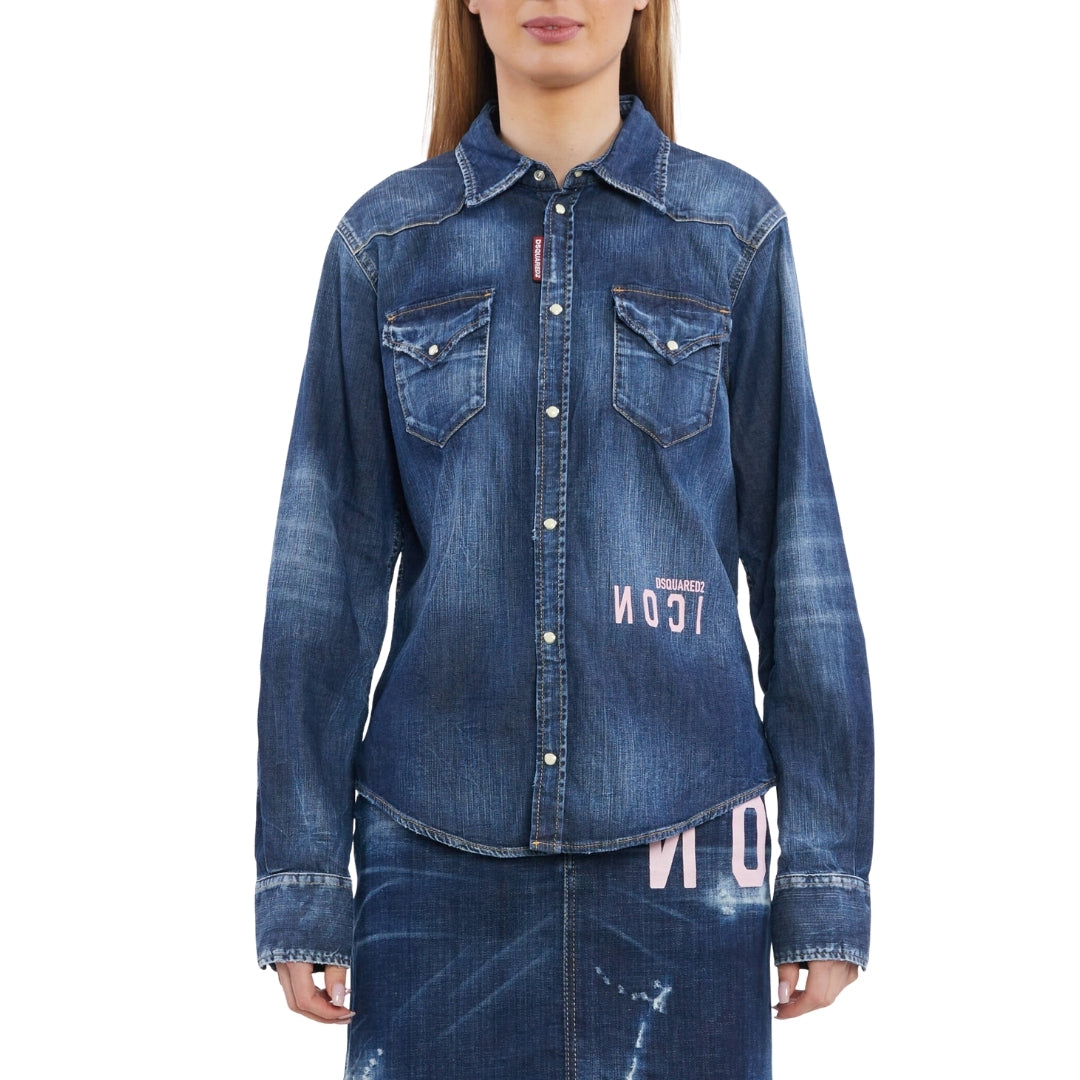 DSQUARED2 Icon Reverse Logo Western Dark Blue Denim Shirt W30