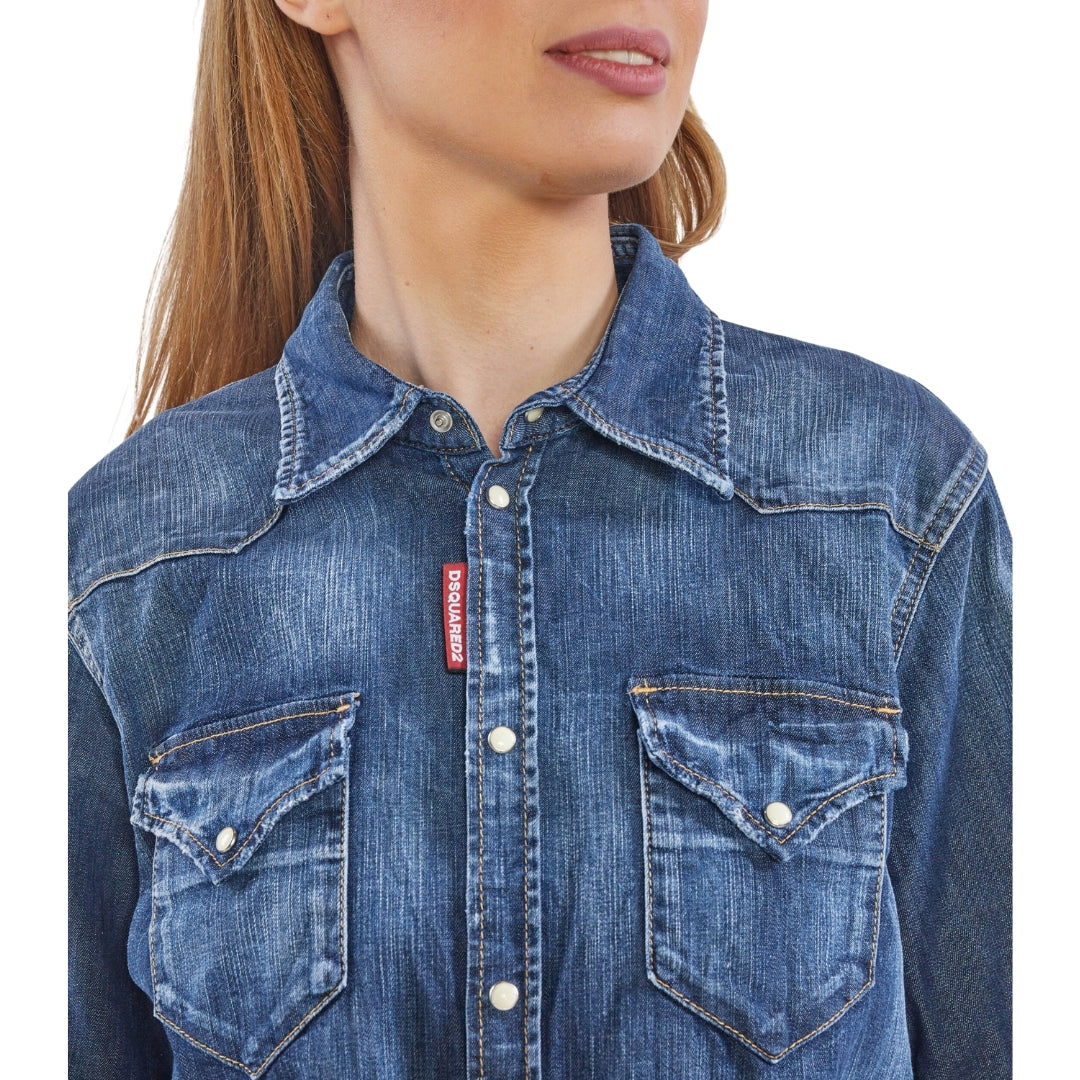 DSQUARED2 Icon Reverse Logo Western Dark Blue Denim Shirt W30