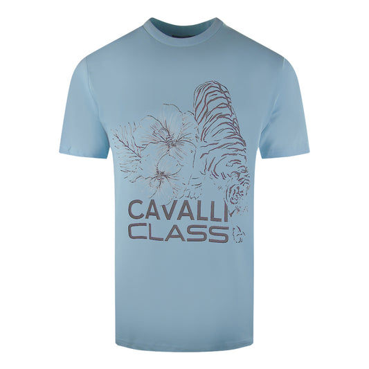 Cavalli Class Floral Tiger Design Light Blue T-Shirt
