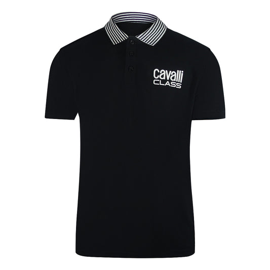 Cavalli Class Striped Collar Black Polo Shirt