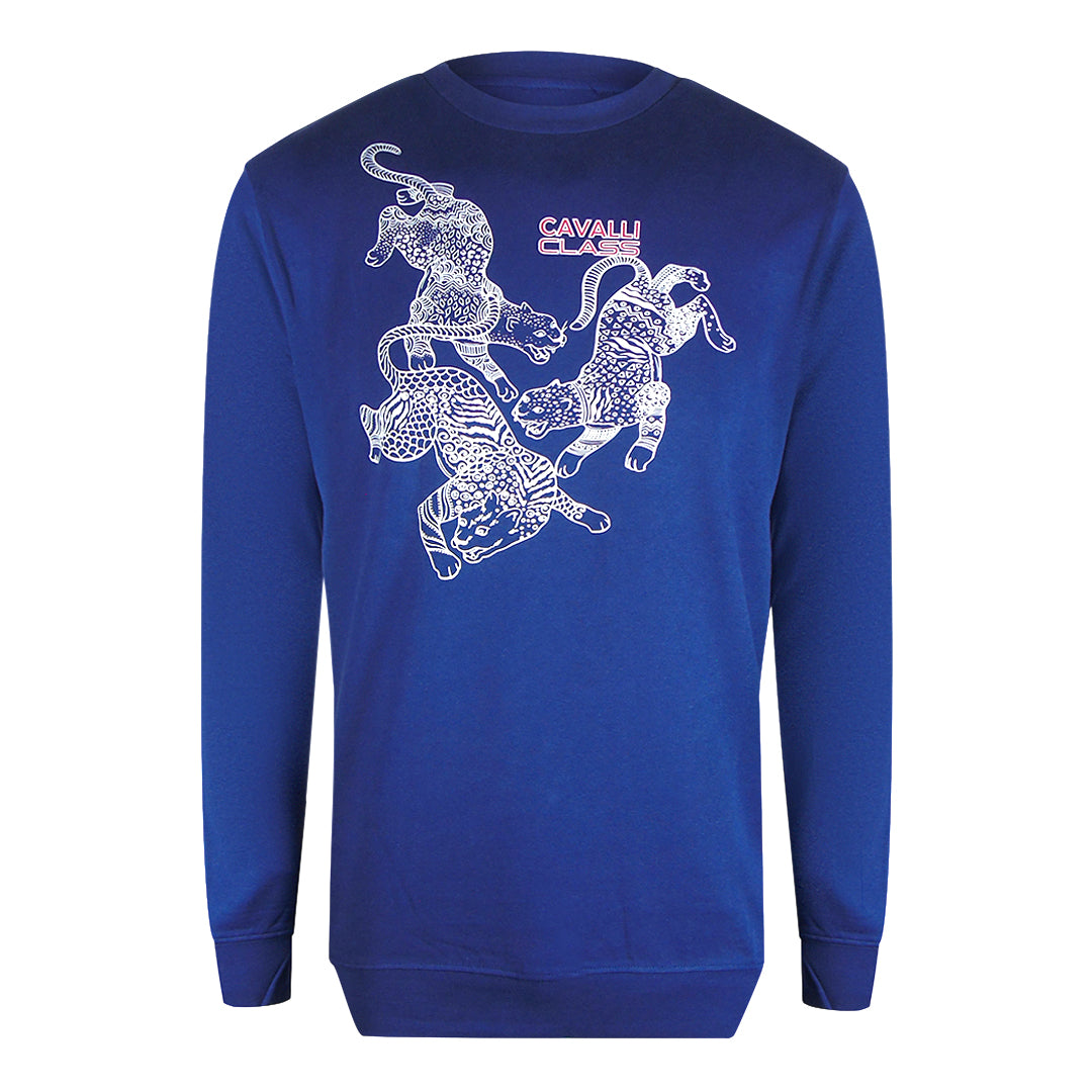 Cavalli Class Paisley Leopards Iris Blue Round Neck Sweatshirt