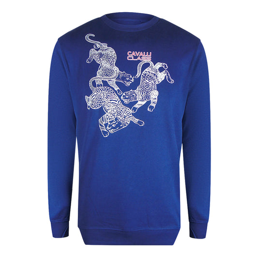 Cavalli Class Paisley Leopards Iris Blue Round Neck Sweatshirt