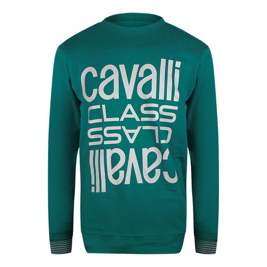 Cavalli Class Bold Multi Logo Green Ottanio Round Neck Sweatshirt