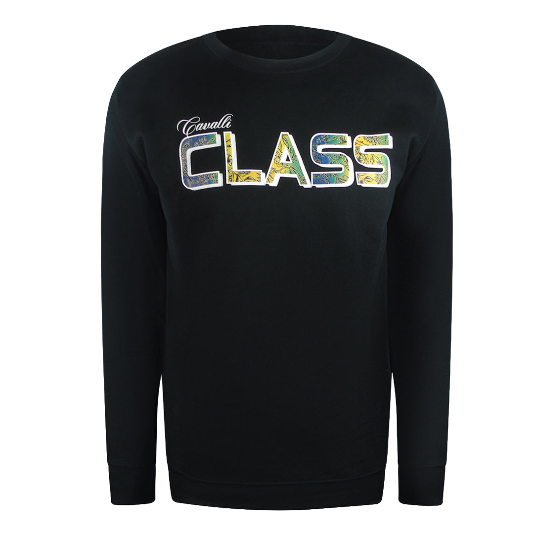Cavalli Class Vibrant Floral Logo Black Round Neck Sweatshirt